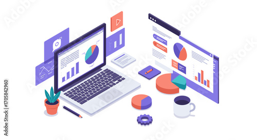 Isometric office workspace with computer, charts, and stationery for data analysis
