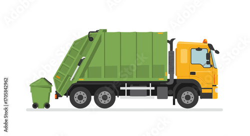 Colorful garbage truck collecting waste in urban setting with recycling bin