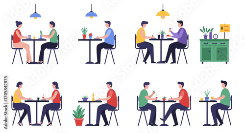 Diverse couples dining in modern cafes with minimalist decor and indoor plants