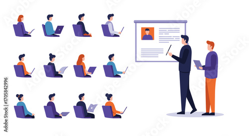 Business presentation with audience and speaker in modern flat design