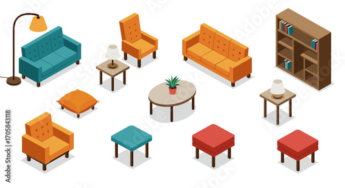 Modern isometric living room furniture set in vibrant colors