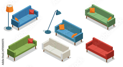 Modern isometric sofa set with floor lamps in various colors on white background