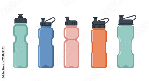 Colorful reusable water bottles in flat design for eco-friendly lifestyle