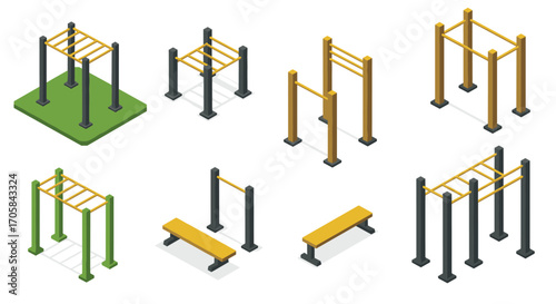 Isometric outdoor fitness equipment collection for workout and training
