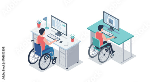 Inclusive workplace: diverse employees working at desks in modern office setting