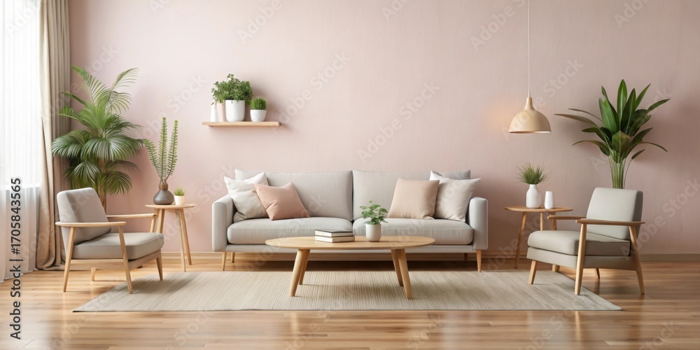 Fototapeta premium Soft pastel pink walls with minimalist furniture and natural wood accents in a serene living room setting, soft pink, serene living room