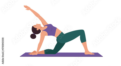 Woman practicing yoga pose on mat with arm raised in flat design