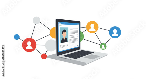 Online networking and communication: laptop with profile connections and social network icons