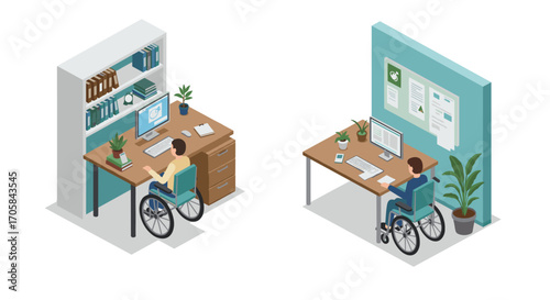 Isometric office space with diverse employees working at desks