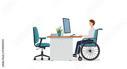 Person in wheelchair working at office desk with computer and chair