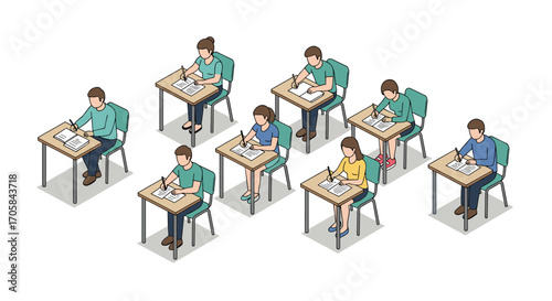 Academic examination scene with students writing in classroom setting