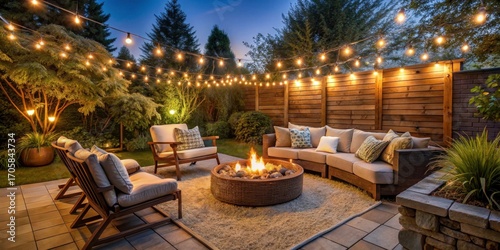 Wallpaper Mural A cozy patio area with plush outdoor furniture, a fire pit, and string lights, creating a warm and intimate ambiance ideal for stargazing on a clear night , fire pit, stargazing Torontodigital.ca