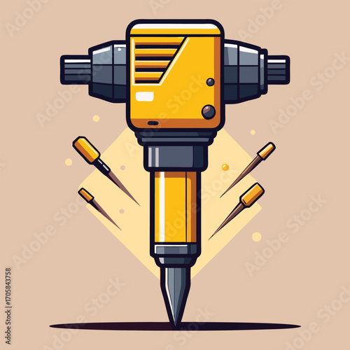 Yellow jackhammer tool with chisels on a light background