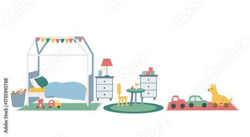 Cozy kids room with decor, furniture, and toys in modern flat design