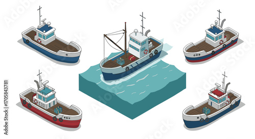 Isometric fishing boats collection with nautical elements on ocean background