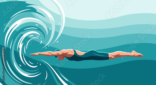 Athlete In Open Water Embracing Forward Motion Swimming With Energetic Waves
