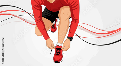 Athlete Kneeling to Tie Shoelace, Prepared to Exercise with Dynamic Color Trails Overlaying Him