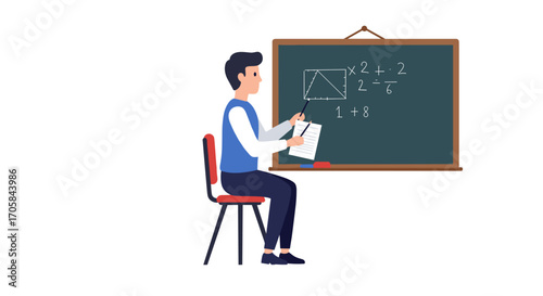 Teacher solving math problems on chalkboard in classroom setting