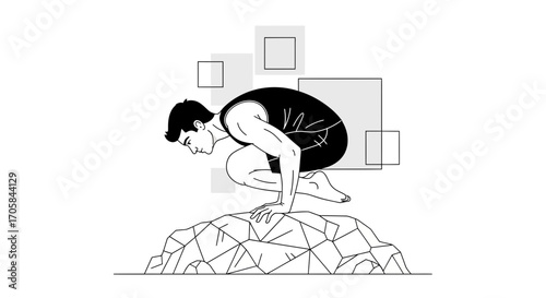 Athlete Performing Handstand Pose On Rock Formation In Illustrated Black And White