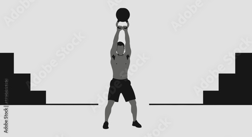 Athlete Performing Overhead Kettlebell Exercise In Stark Black And White Style