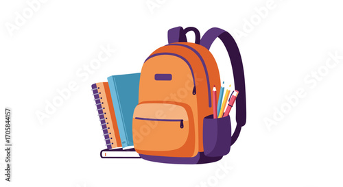 Colorful backpack with school supplies on white background