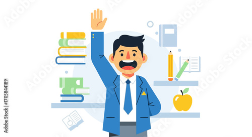 Animated Man Raising Hand In Class Representing Knowledge and Preparedness For Studies