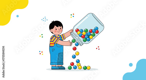 Boy Pouring Colorful Marbles From Jar, Joyful Moment Illustration, Education Illustration