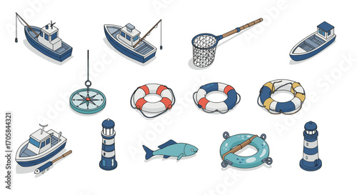 Maritime elements collection with ships, lighthouse, and lifebuoy in isometric style