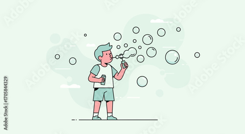 Boy Joyfully Blowing Bubbles in a Minimalist Illustration on a Light Green Backdrop