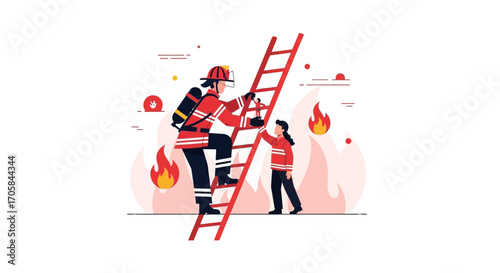 Brave Firefighter Ascending Ladder to Rescue Person From Flames