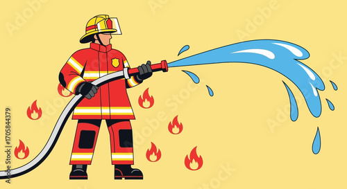Brave Firefighter Extinguishes Flames With Water Stream in Animated Illustration