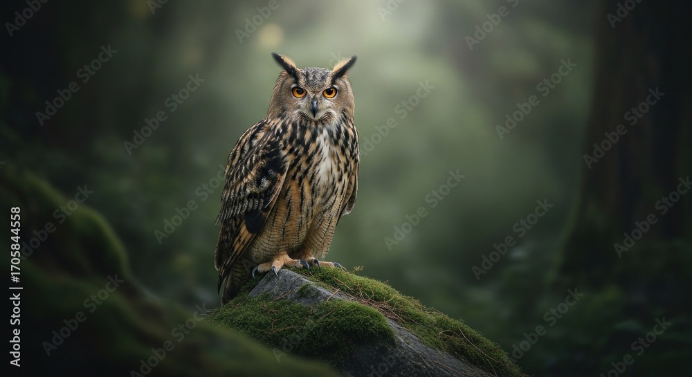 Obraz premium Majestic owl perched on mossy rock in a hazy, green forest