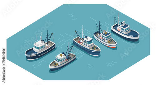 Isometric fishing boats fleet on blue water background
