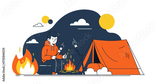 Camping Adventures Illustrated Featuring Person Roasting Marshmallows By The Campfire