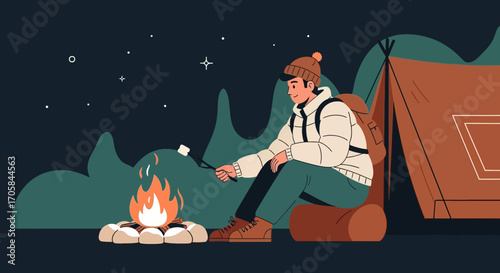 Camping Amidst Nature: Roasting Marshmallows Under Starry Evening Sky Illustration