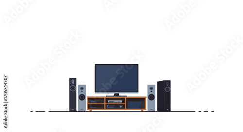 Home entertainment system with flat screen and surround sound speakers on wooden stand