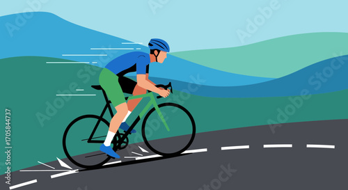 Athlete Riding a Bicycle on a Road with Mountains in the Background