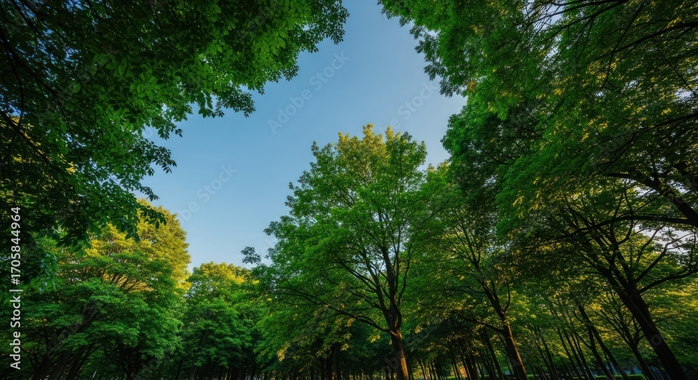 Fototapeta premium Lush green trees frame a blue sky view from below in bright daylight