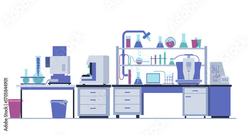 Modern laboratory equipment in flat style with scientific tools and chemical apparatus