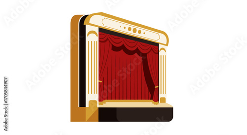 Elegant theater stage with red curtains and classical architectural design