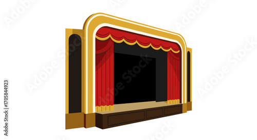 Classic theater stage with red curtains in 3d isometric design for performance and event concepts