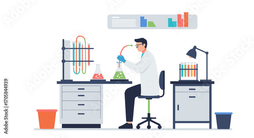 Scientist in laboratory mixing chemicals with graphs in background