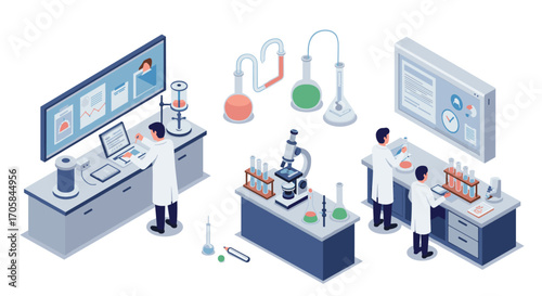 Isometric laboratory scene with scientists working on experiments and analyzing data