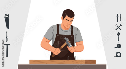 Carpenter Hitting Nail into Wood, Illustrated with Carpentry Tools Decorative Elements