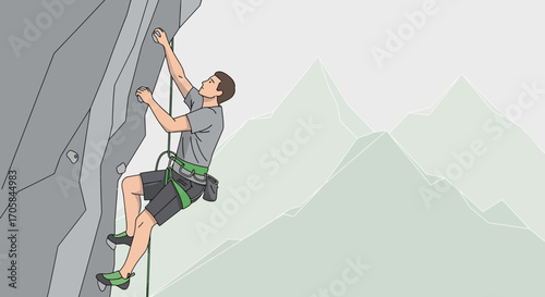 Athlete Scaling Rock Face With Mountains Backdrop Demonstrating Determination and Endurance