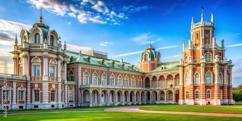 Obraz premium Ancient Russian palace architecture, ornate bread house details in Grand Tsaritsyno Palace Moscow, historic building, tsaritsyno palace architecture