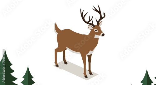 Elegant isometric deer amidst pine trees in a minimalist setting