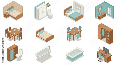 Isometric furniture and room interiors set for home design inspiration