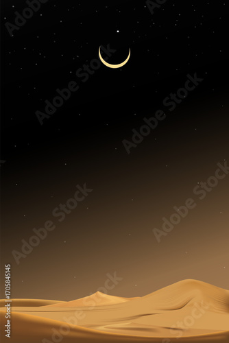 Ramadan Kareem and Eid Mubarak greeting background with crescent moon,starry night sky on desert sand dunes,Vector for Islamic holy month celebration,spirituality,Eid alFitr,Eid al Adha festive design