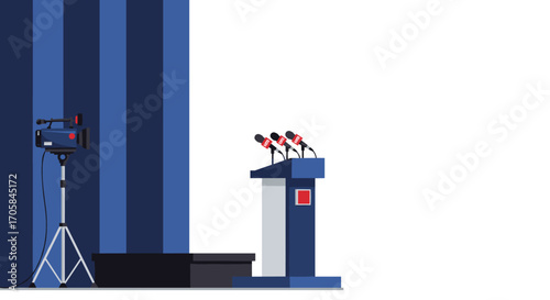 Press conference setup with podium and microphones in minimalist flat style